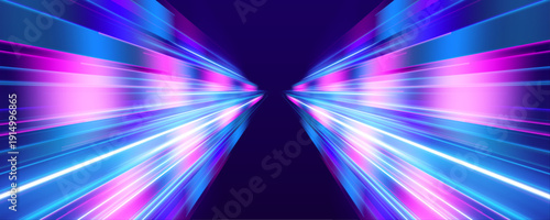 Fast neon blue and magenta trails twist along a dark urban highway. Motion blur creates dynamic depth and acceleration. Perfect for racing or cyberpunk visuals.