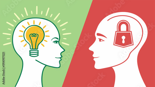 Human Head Profile with Lightbulb and Lock Symbols Representing Positive Thinking.eps