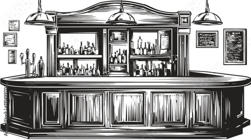 A detailed illustration of an old-fashioned bar with shelves, bottles, and hanging lights