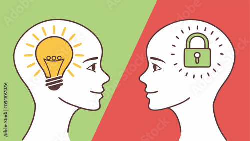 Growth Mindset vs Fixed Mindset Concept with Head Silhouettes and Symbols.eps