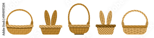 Empty wicker basket set. Traditional willow basket isolated elements. Hand drawn simple vector illustration. Easter design clipart collection