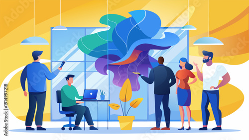 Multicultural group of colleagues working together in a workspace.eps