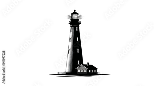 A tall, tapering lighthouse in black and white, featuring a light and a small dwelling
