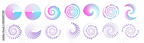 Purple dotted spirals combined with halftone circular rings. Vector design for backgrounds, logos, or digital media. Minimalist geometric textures for creative use.