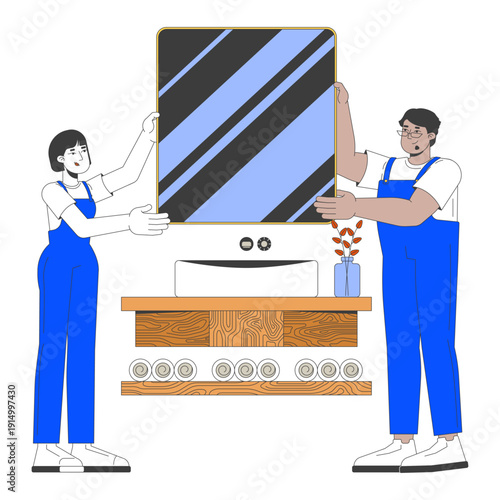 Skilled trade installers mounting bathroom mirror 2D vector illustration. Installation service. Home renovation. Handymen teamwork flat characters isolated on white background. Colorful cartoon image