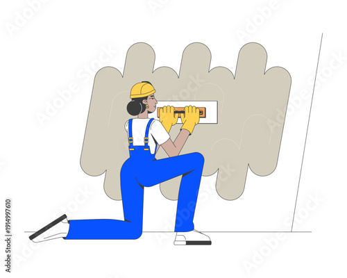 Construction worker applying wall putty 2D vector illustration. Interior finishing. Skilled trade handywoman smoothing surface with trowel flat character isolated on white. Colorful cartoon image