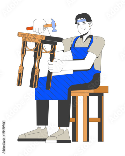 Carpenter assembling wooden stool 2D vector illustration. Furniture making. Carpentry woodworking. Skilled trade craftsman using hammer flat character isolated on white. Colorful cartoon image