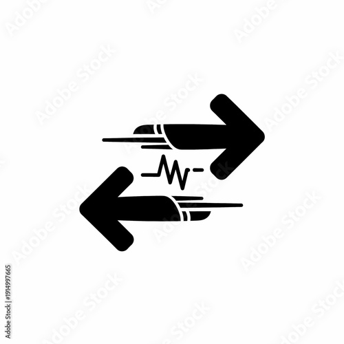 Vector graphic representing data transfer or signal exchange between two opposing points with dynamic lines suggesting movement and energy, suitable for technology and communication themes