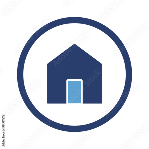 Minimalist Blue House Icon with a Light Blue Door Centered inside a Dark Blue Circular Ring Isolated on a White Background Representing Home, Real Estate, Residency, or Homepage Navigation