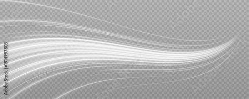 White laser arcs curve smoothly over a transparent backdrop. Soft gradients and luminous edges enhance visual flow. Versatile overlay for futuristic presentations.