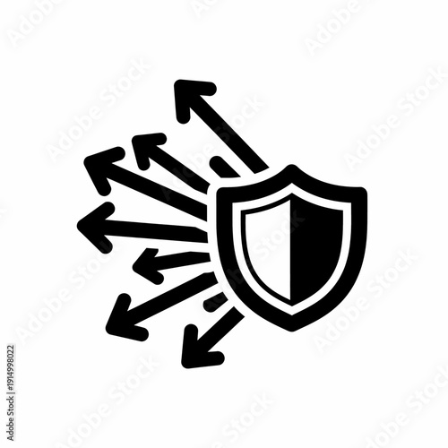 Minimalist vector illustration of a shield with radiating arrows, symbolizing comprehensive protection, strong defense, and security against diverse challenges