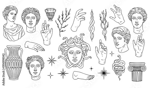 Antique sculpture vector set – heads, hands, Medusa, columns
