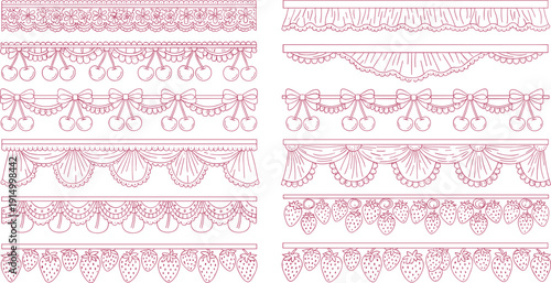 CAD Drawing Flat Vector Illustration Of Decorative Lace Borders Featuring Cherry Strawberry Floral Patterns And Bows For Creative Design Projects