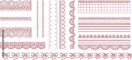 Hand drawn set of red lace borders, heart patterns, bows, floral ornaments and decorative dividers, cad drawing flat vector illustration.