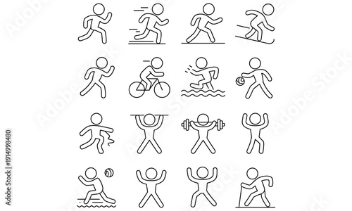 Simple stick figure icons depicting various sports and fitness activities in dynamic poses for use in sports related designs and applications effectively conveying movement and energy.