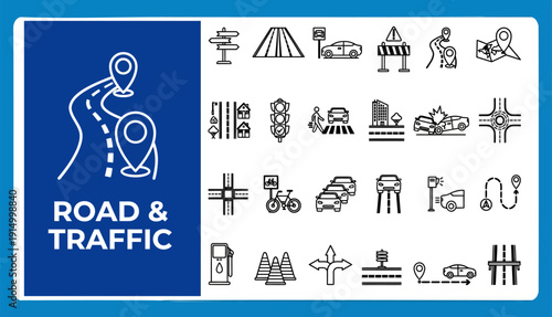 Road Traffic and Transportation Line Icons Set