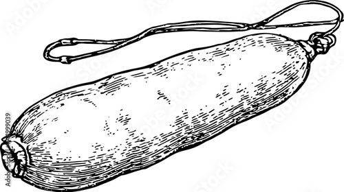 A black and white illustration of an oblong shape with a hanging strap
