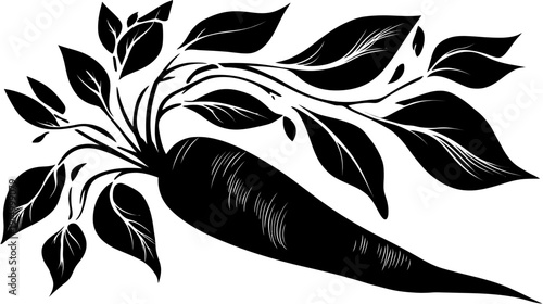 A black and white illustration of a carrot with leaves, creating an aesthetic design