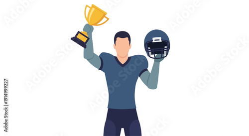 Victorious American Football Player Celebrates Championship Win Holding Trophy and Helmet Sports Success Concept