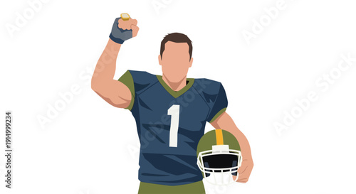 American Football Player Celebrating Victory Number 1 Jersey Holding Helmet and Fist Raised in Triumph