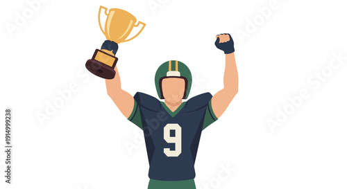 Triumphant American Football Player Celebrating Victory with Golden Trophy