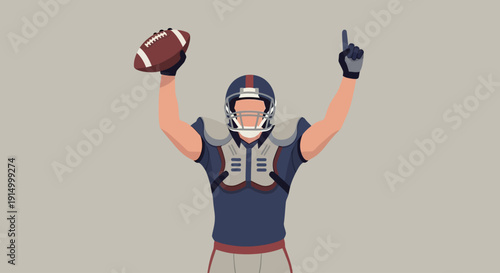 American Football Player Celebrates Victory with Ball Raised High and Finger Pointing Up Dynamic Illustration
