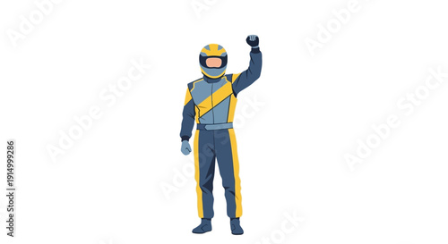 Schilderij op canvas Victory Celebration Male Race Car Driver in Full Racing Suit and Helmet Raises F