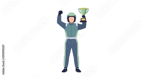 Excited Race Car Driver in Full Gear Celebrates Victory with Trophy