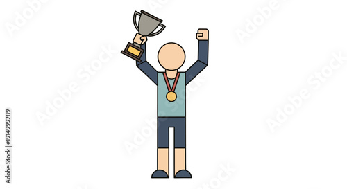 Cartoon Athlete Celebrates Victory Holding Up Trophy and Gold Medal