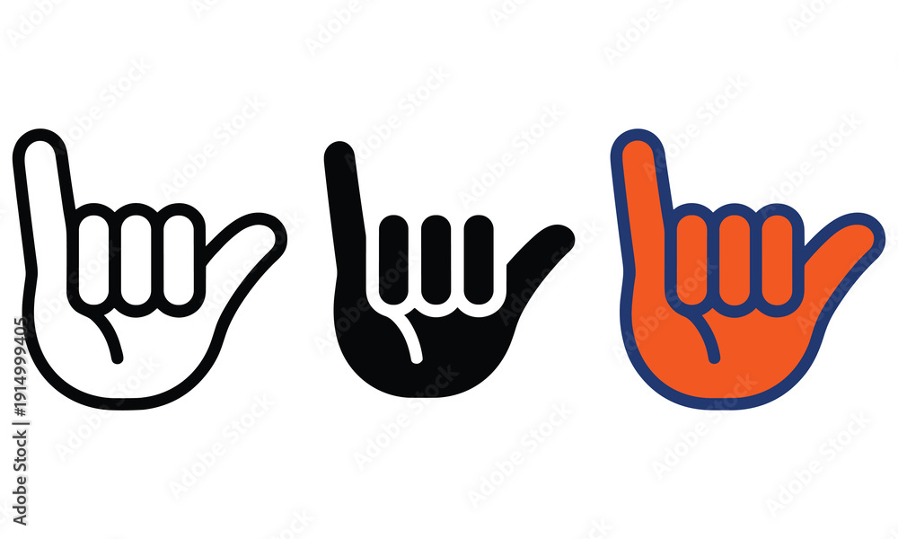 Obraz premium Collection of hand gesture icons forming shaka symbol in various styles and colors for use in digital media and design projects representing positivity and relaxation.