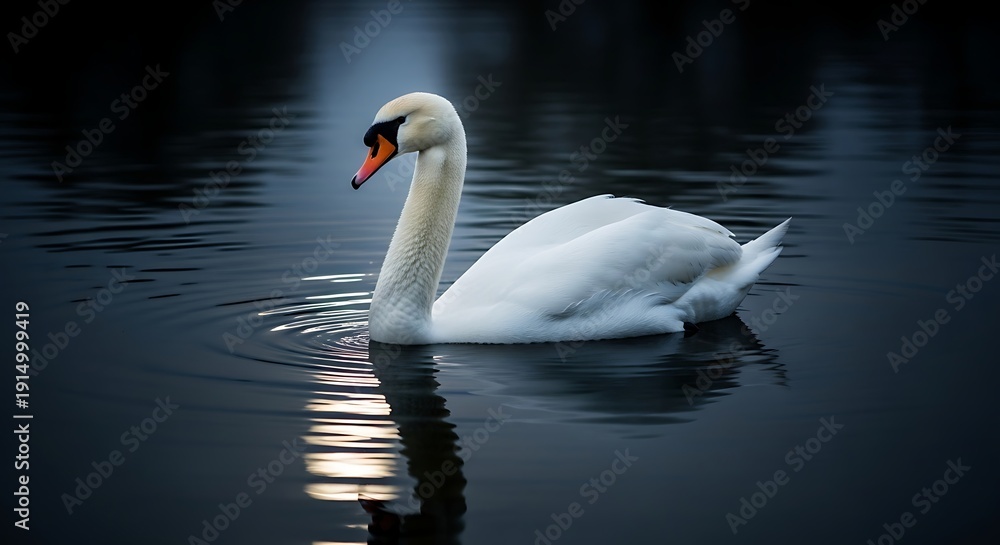 Fototapeta premium Serene White Swan on Dark Water
