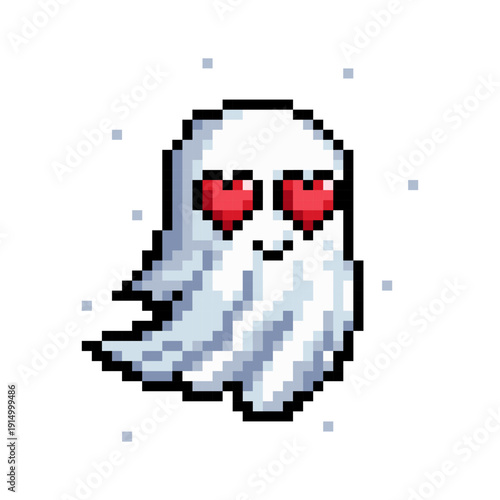 Pixel art icon. Ghost with loving eyes. Сute 8 bit character for game UI, stickers, app interface and romantic themed design.