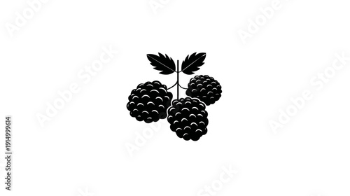 A silhouette of three berries, attached to a branch with two leaves, against a white background