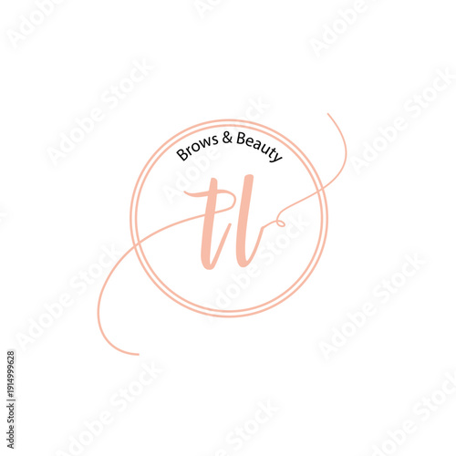 Elegant Brows and Beauty Salon Logo Featuring Soft Pink Cursive TL Monogram in Circular Frame Isolated on White Background Branding
