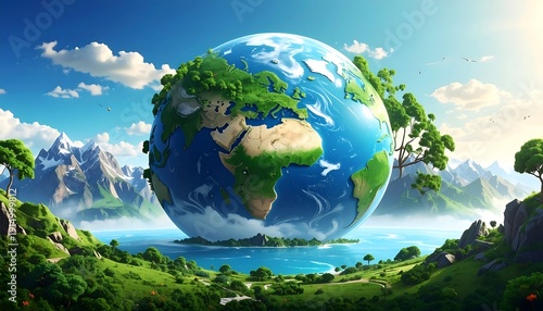 Sustainable Earth with Lush Greenery and Mountains.