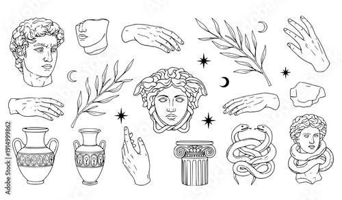 Mystic antique sculpture heads hands Medusa vector collection
