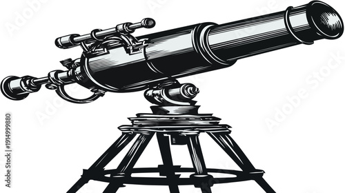 A black and white illustration of a detailed telescope on a tripod, in vector style