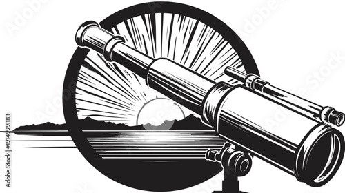 A black and white illustration shows a telescope, a sunburst, and a coastline
