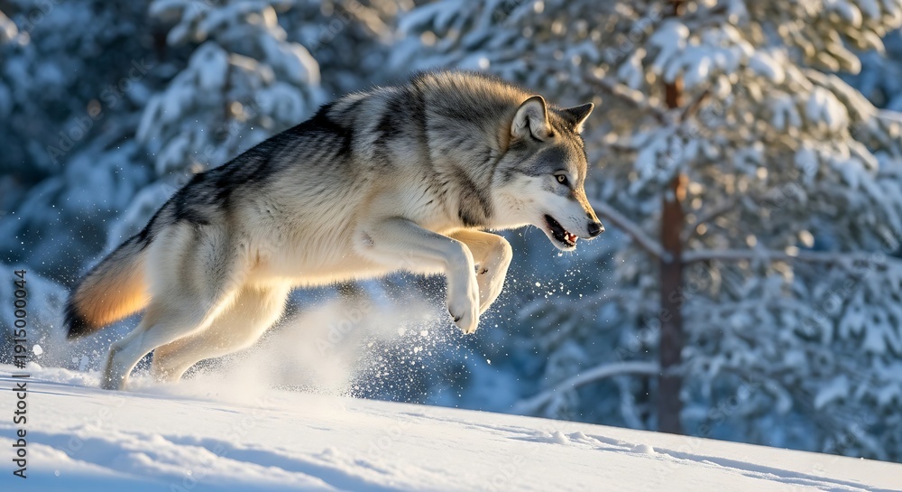 Fototapeta premium Wolf Jumping in Snowy Forest