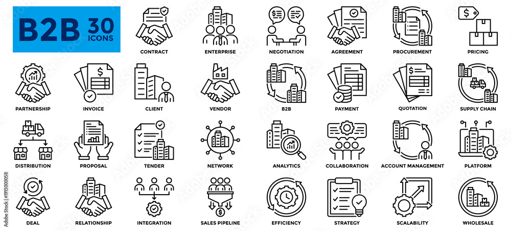 Obraz premium Business to business (B2B) icon collection. Contains icons for collaboration, partnership, relationship, enterprise, contract, agreement, procurement, supply chain. Line vector illustration.
