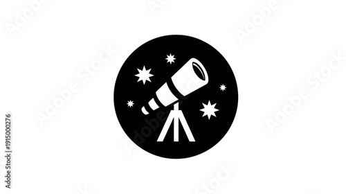 Black circular illustration of a telescope with stars inside, with a white background
