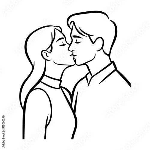 Dibujo con líneas de una pareja romántica besándose. Novio y novia enamorados para tarjetas y felicitaciones de San Valentín 