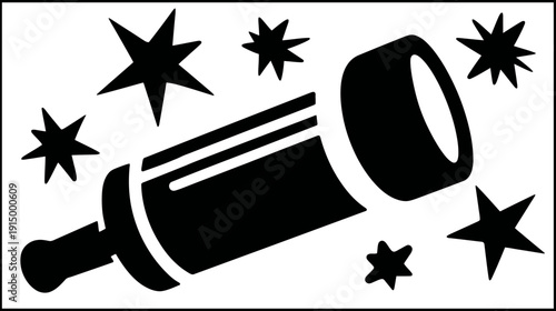 Black and white illustration of a telescope surrounded by stars against a white background