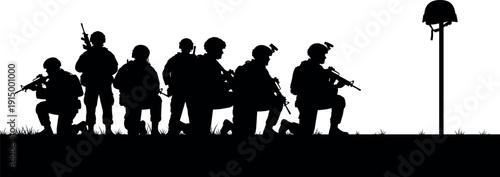 Black silhouette of military soldiers kneeling at fallen soldier memorial, battlefield cross with helmet and rifle, cad drawing flat vector illustration.