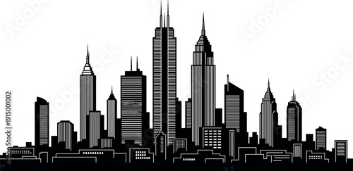 Black silhouette of modern city skyline with skyscrapers, urban downtown panorama, metropolitan architecture, cad drawing flat vector illustration, isolated.