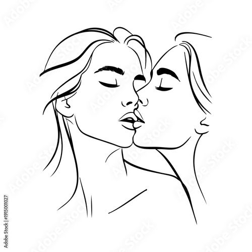 Dibujo con líneas de una pareja lesbiana romántica desnuda besándose. Novias enamoradas para tarjetas y felicitaciones de San Valentín