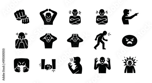 A unique set of twelve black silhouette human icons expressing anger through body language and gestures. Each icon represents a different emotional reaction such as frustration, rage, tension