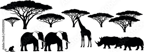 Black silhouette set of African savanna animals, elephant, giraffe, rhino, monkey and acacia trees, cad drawing flat vector illustration, isolated.