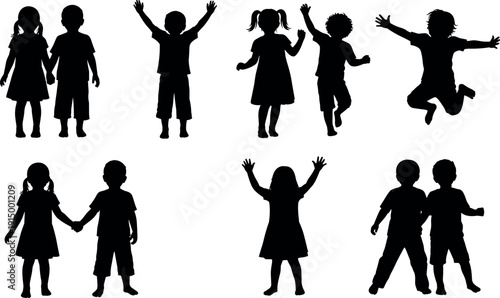 Black silhouette set of happy children playing, jumping and holding hands, cute kids, cad drawing flat vector illustration, isolated.