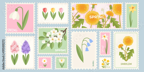 Botanical postage Stamp Set with beautiful Spring flowers, tulip, daffodil, crocus, hyacinth, bluebell, daisy, dandelion, cherry blossom branches. Floral design template for cards, stickers